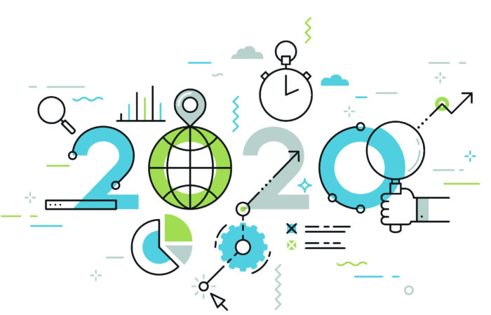 Illustration of 2020 with icons representing digital marketing, analytics, and SEO, including a globe, magnifying glass, graphs, and gears, symbolizing Shoreline Media's focus on AI-driven SEO reporting and campaign performance.